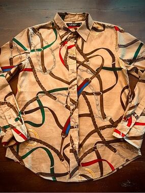 Ralph Lauren Beige Button-Down Shirt with Equestrian Chain Print - Size Med